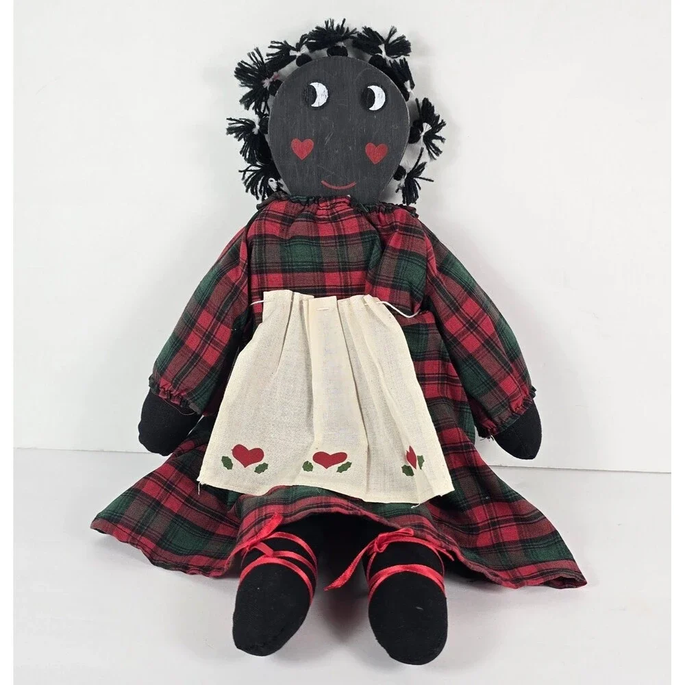 Vintage 1980's African American Wooden Sitting Folk Art Doll Plaid Dress 10